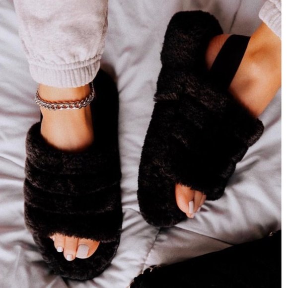 black fluffy ugg slippers